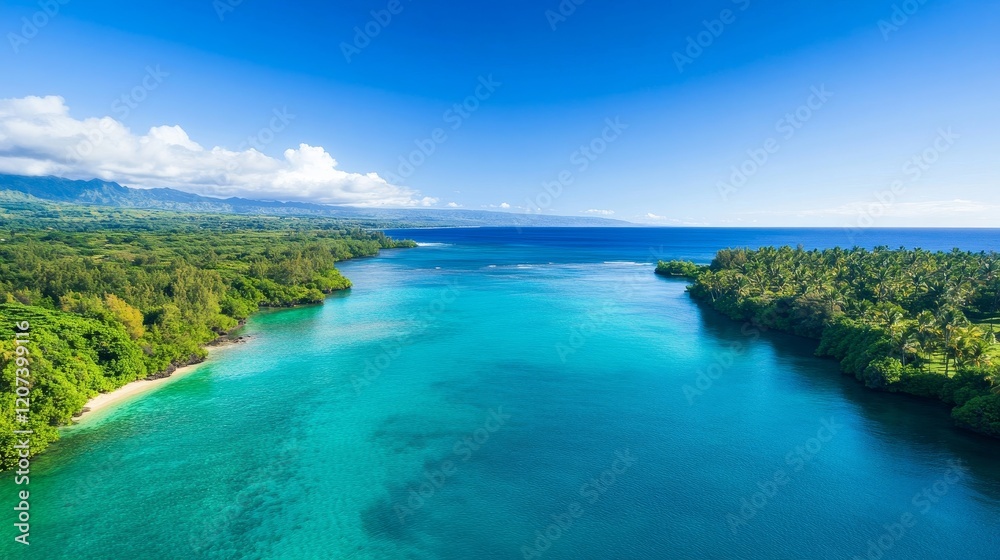 Serene Tropical Bay with Crystal Clear Waters and Lush Green Islands Under a Bright Blue Sky Captured from Above in a Scenic Coastal Landscape Serene Tropical Bay with Crystal Clear Waters and Lush Green Islands Under a Bright Blue Sky Captured from Above in a Scenic Coastal Landscape