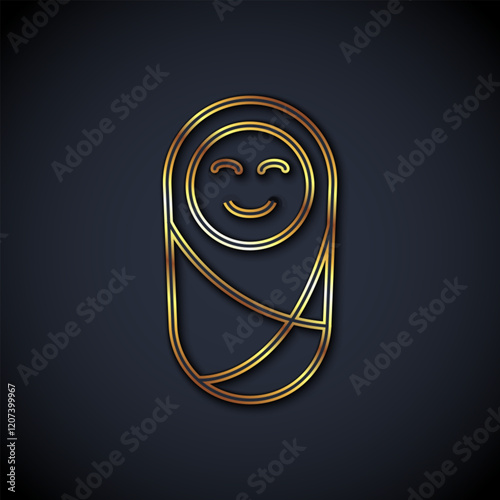 Gold line Newborn baby infant swaddled or swaddling icon isolated on black background. Baby kid child wrapped in blanket clothes. Vector