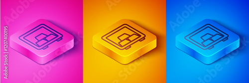 Isometric line Safe with gold bars icon isolated on pink and orange, blue background. Precious metals on deposit in bank. Metallic treasury. Reliable data protection. Square button. Vector