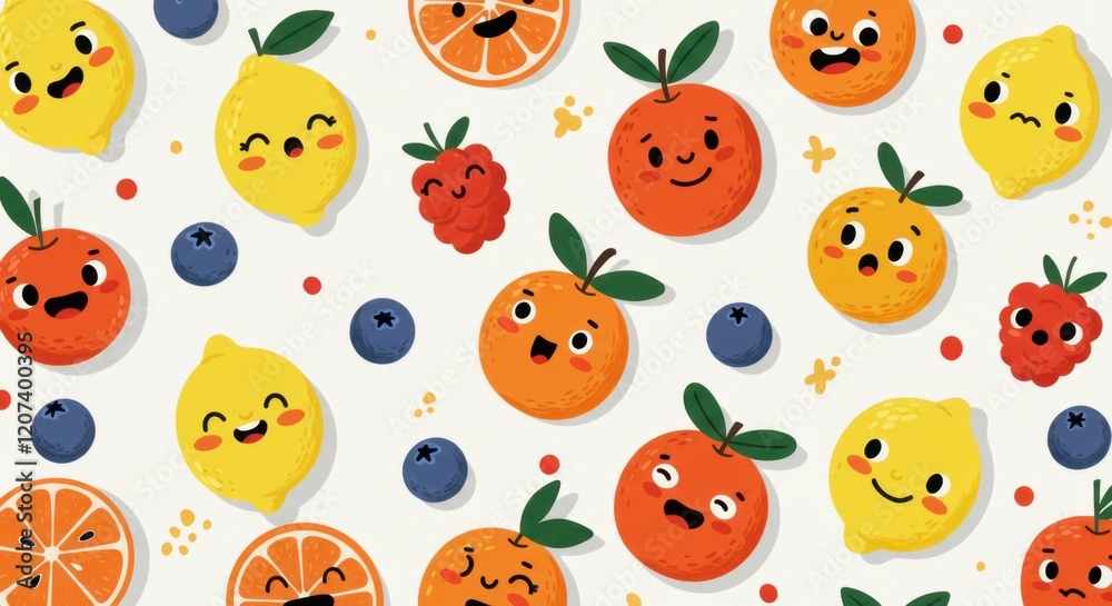 Colorful kawaii fruit pattern with happy faces and lively citrus background Colorful kawaii fruit pattern with happy faces and lively citrus background
