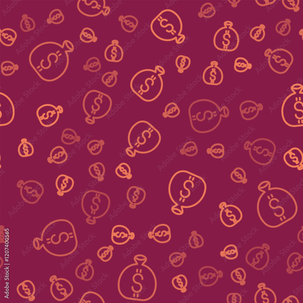 Brown line Money bag icon isolated seamless pattern on red background. Dollar or USD symbol. Cash Banking currency sign. Vector Brown line Money bag icon isolated seamless pattern on red background. Dollar or USD symbol. Cash Banking currency sign. Vector