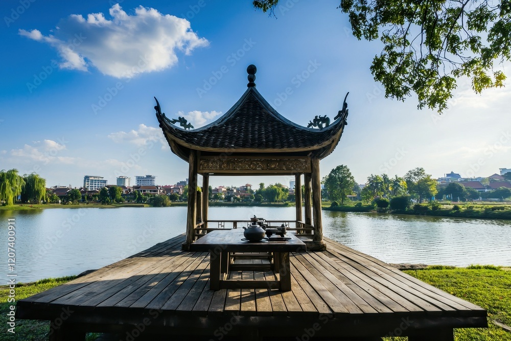 Tea in a Pagoda: A serene pagoda overlooking a lake, with a tea table set on a wooden platform, offering a peaceful view Tea in a Pagoda: A serene pagoda overlooking a lake, with a tea table set on a wooden platform, offering a peaceful view
