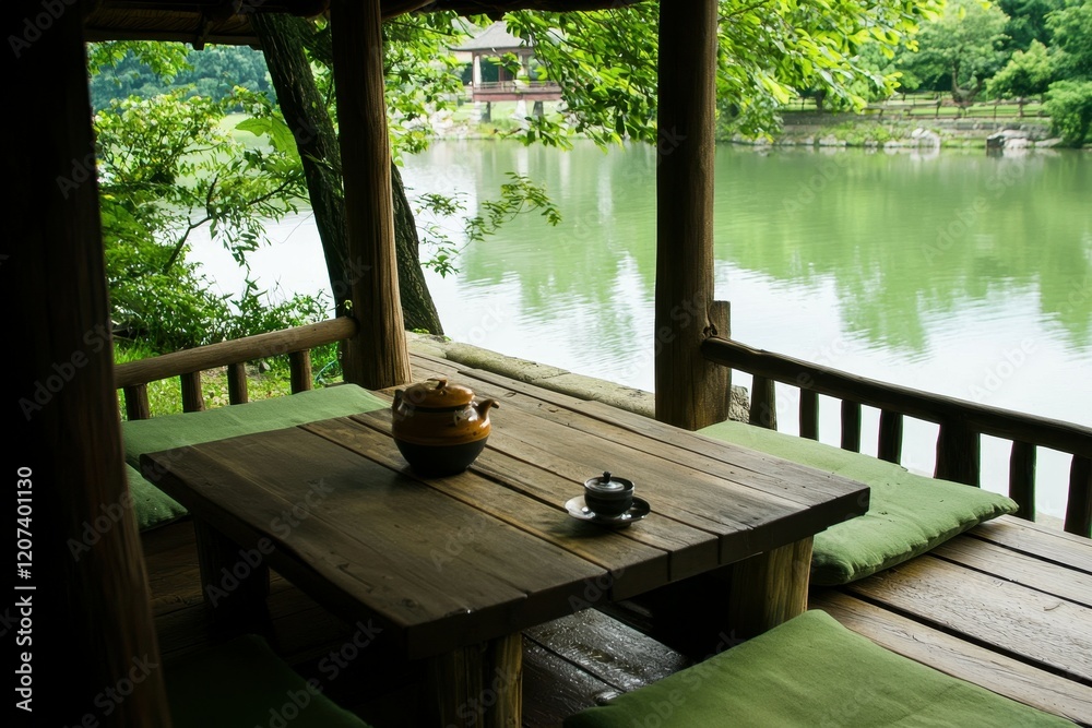 Tea in a Pagoda: A serene pagoda overlooking a lake, with a tea table set on a wooden platform, offering a peaceful view Tea in a Pagoda: A serene pagoda overlooking a lake, with a tea table set on a wooden platform, offering a peaceful view