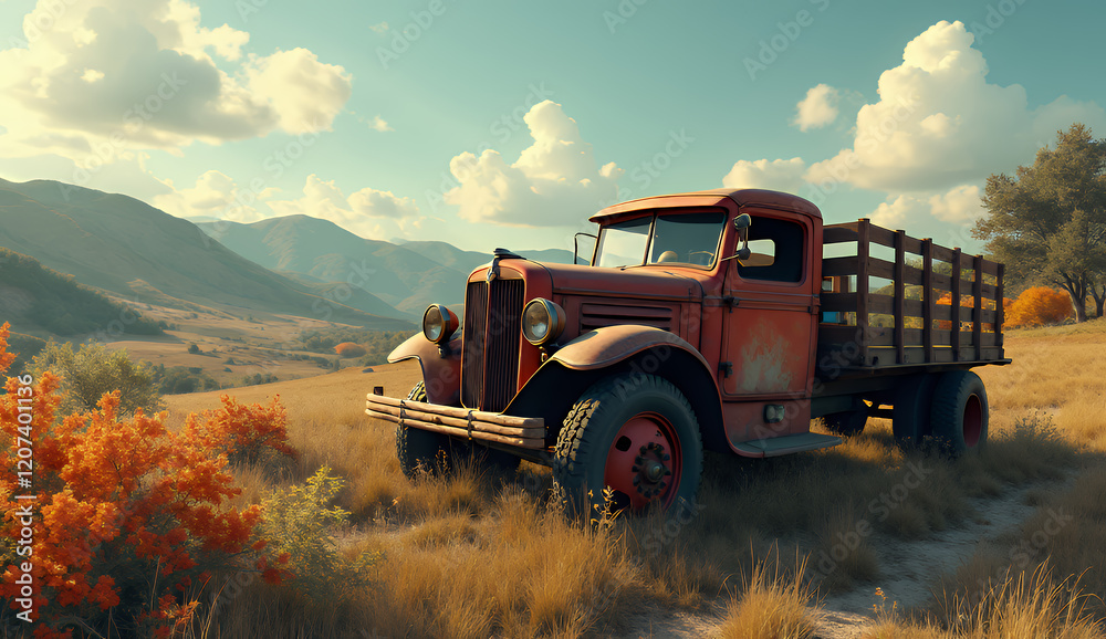 Landscape with an old truck in a field Landscape with an old truck in a field