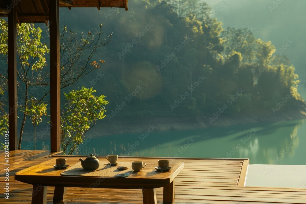Fototapeta premium Tea in a Pagoda: A serene pagoda overlooking a lake, with a tea table set on a wooden platform, offering a peaceful view