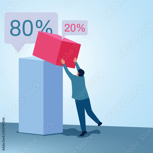 A man stacks a 20 chart on top of an 80 chart. Illustration for the Pareto principle in business.