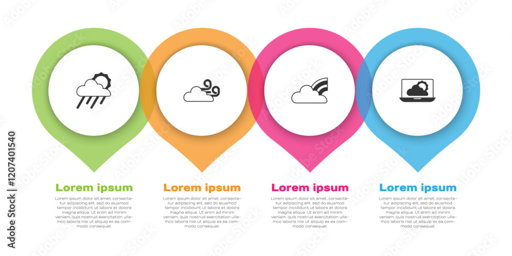 Set Cloud with rain and sun, Windy weather, Rainbow clouds and Weather forecast. Business infographic template. Vector Set Cloud with rain and sun, Windy weather, Rainbow clouds and Weather forecast. Business infographic template. Vector