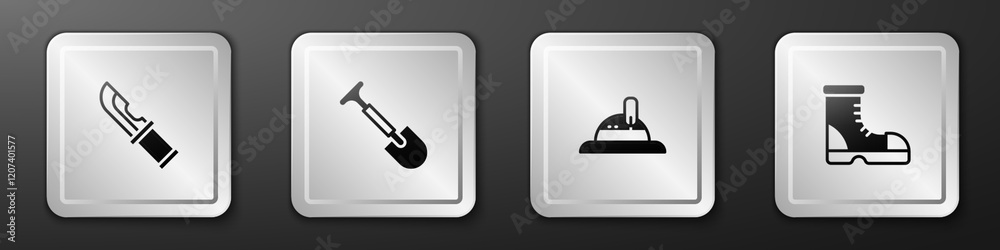 Set Hunter knife, Shovel, hat and boots icon. Silver square button. Vector Set Hunter knife, Shovel, hat and boots icon. Silver square button. Vector