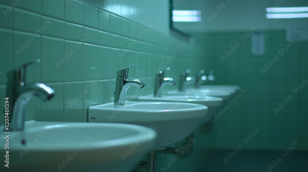 A clean, modern restroom featuring multiple sinks with chrome faucets, tiled walls, and a serene color palette. A clean, modern restroom featuring multiple sinks with chrome faucets, tiled walls, and a serene color palette.