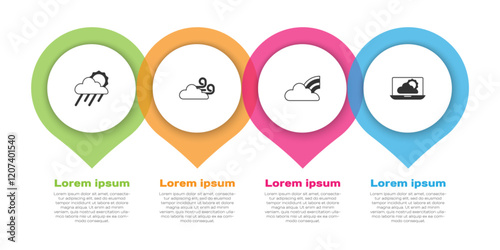 Set Cloud with rain and sun, Windy weather, Rainbow clouds and Weather forecast. Business infographic template. Vector