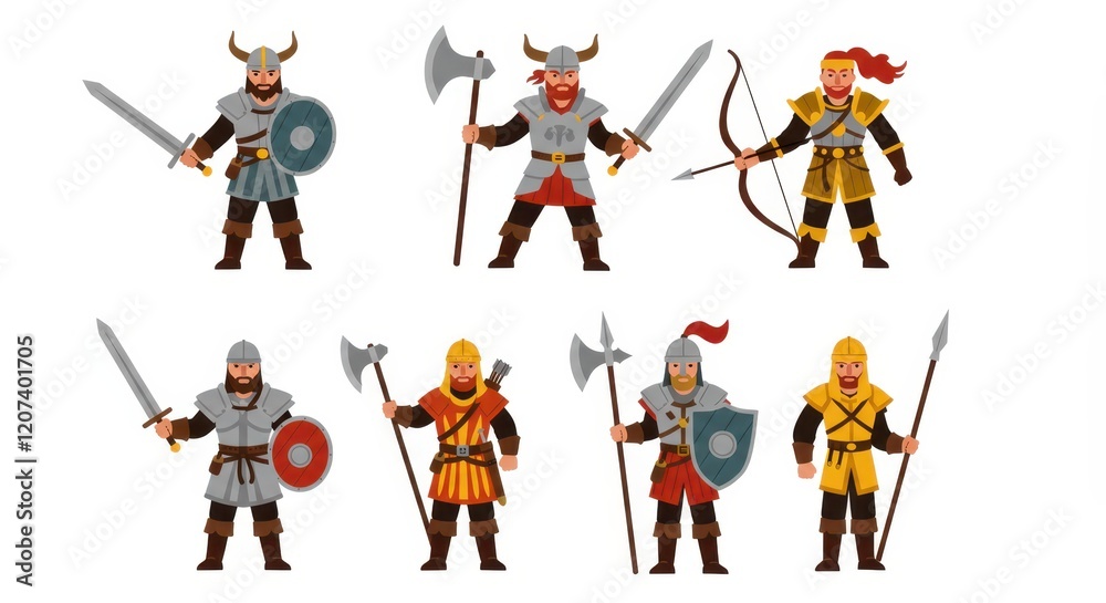 Collection of cartoon medieval warriors with weapons and armor Collection of cartoon medieval warriors with weapons and armor