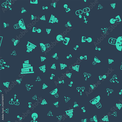 Set Jesus Christ, Priest, Babel tower bible story and Knight crusader on seamless pattern. Vector