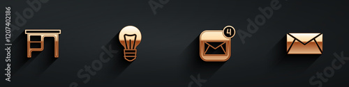Set Office desk, Light bulb, Envelope and Mail and e-mail icon with long shadow. Vector
