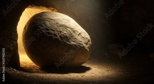 Mysterious ancient cave entrance with large stone blocking glowing light from inside