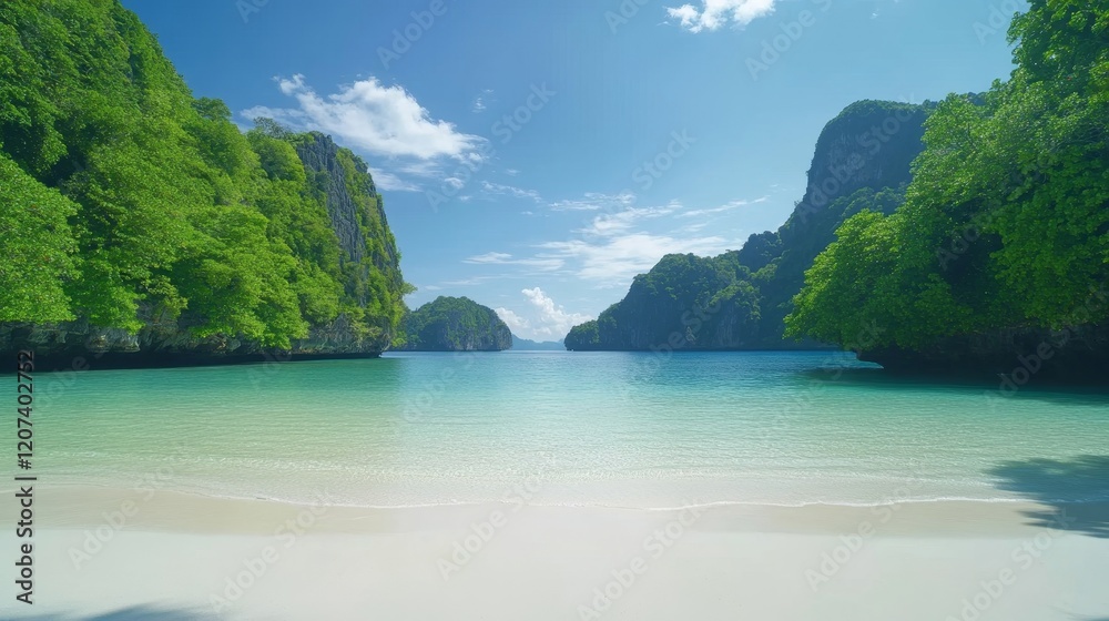 Serene Tropical Paradise with Crystal Clear Waters, Lush Greenery, and Soft Sandy Shores Under a Bright Blue Sky in a Majestic Bay Landscape Serene Tropical Paradise with Crystal Clear Waters, Lush Greenery, and Soft Sandy Shores Under a Bright Blue Sky in a Majestic Bay Landscape