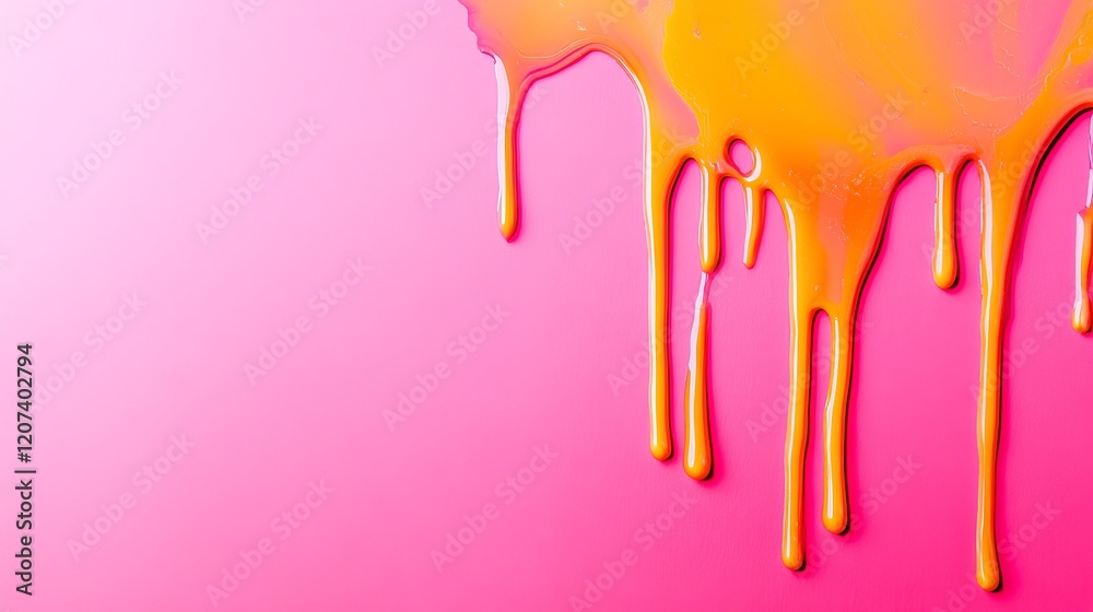 Naklejka premium Vibrant Gradient Flowing Liquid with Holographic Effect and Melting Drips on Pink Background
