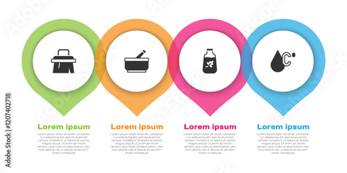 Set Sauna brush, Mortar and pestle, Essential oil bottle and Water temperature. Business infographic template. Vector