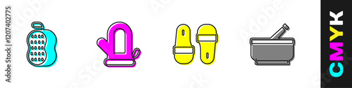 Set Washcloth, Sauna mitten, slippers and Mortar and pestle icon. Vector