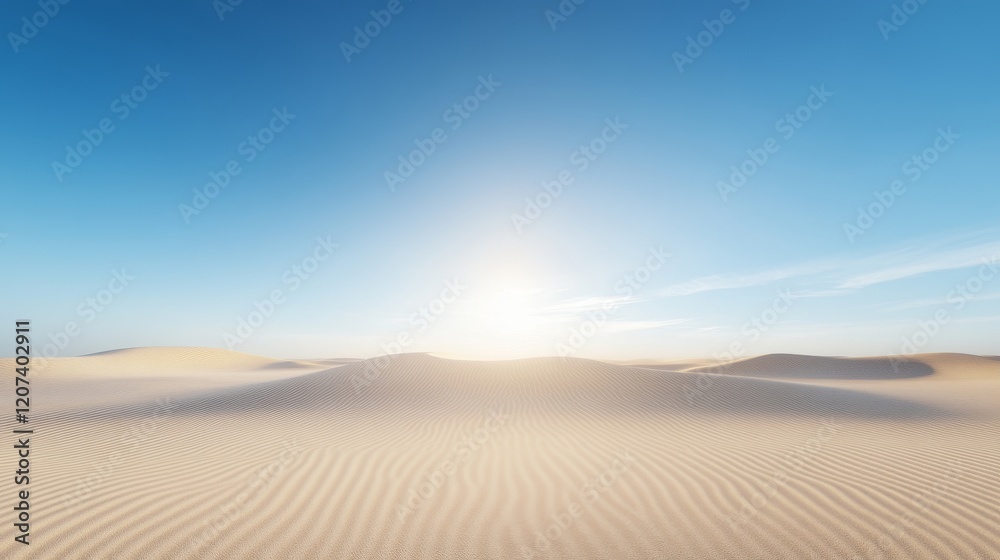 Naklejka premium Tranquil Desert Landscape at Sunrise with Gentle Sand Dunes Illuminated by Soft Light against the Clear Blue Sky and Subtle Cloud Patterns