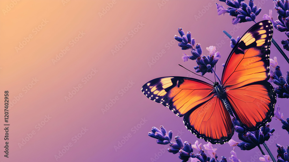 Obraz premium Vibrant Monarch Butterfly on Lavender Flower against Soft Gradient Background