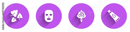 Set Oak leaf, Facial cosmetic mask, Sauna broom and Cream or lotion tube icon with long shadow. Vector