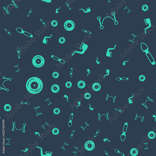 Set Smoking pipe, Rope barrier, Vinyl disk and Silver spoon on seamless pattern. Vector