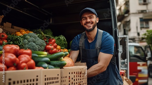 Fresh Vegetables Delivery: Smiling Driver Unloading Groceries from Delivery Van in Urban Setting