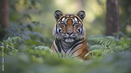 A tiger sitting regally in its natural habitat, surrounded by ferns and tall trees, with a serene yet commanding presence photo