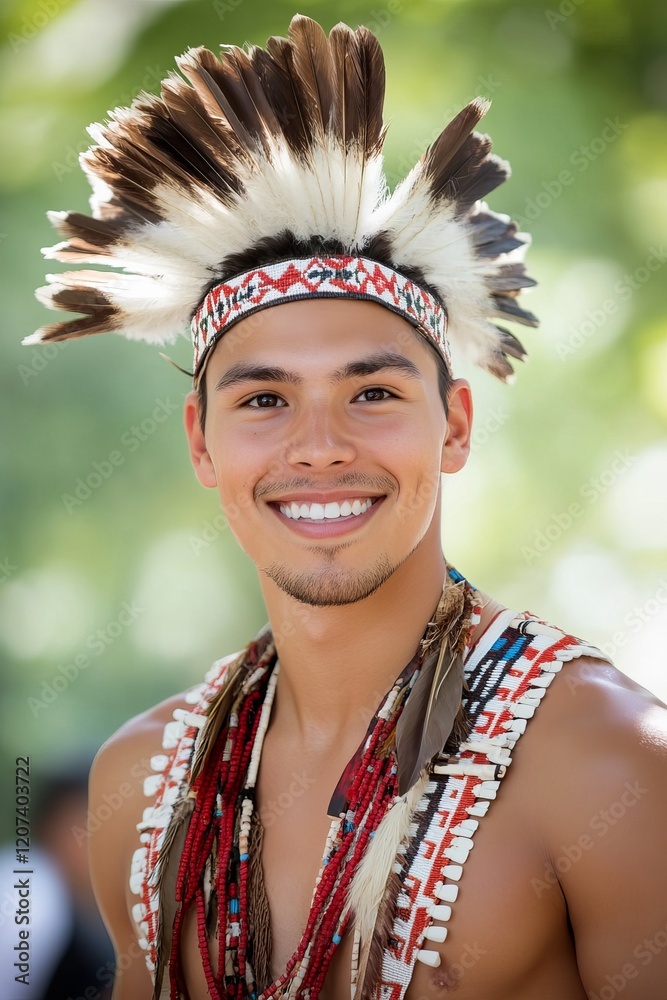 Indigenous Individual with Traditional Attire and Colorful Feathered Headpiece in Nature