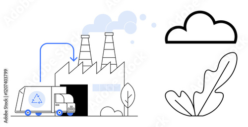 Recycling truck unloading at a factory with smoke stacks, cloud, and leaf. Ideal for sustainability, recycling, environmental care, pollution control, eco-friendly practices, industrial processes