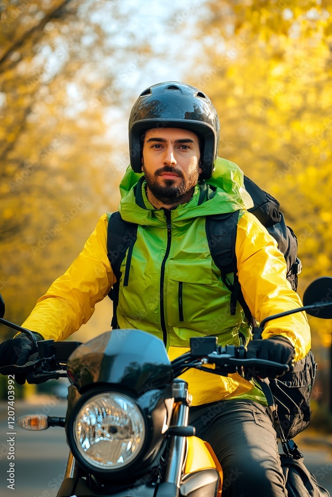 Fototapeta premium Eco-Conscious Delivery Rider on Motorcycle with Recyclable Food in Urban Setting