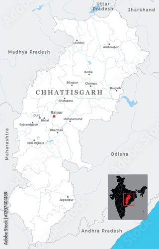 Chhattisgarh district map with capital Raipur, state of India