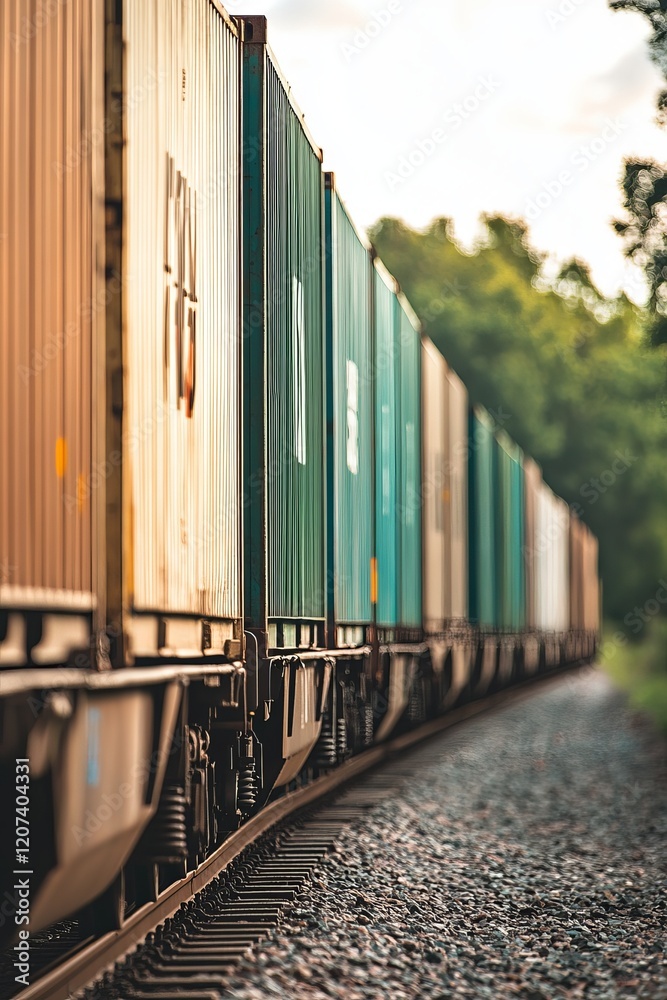 Freight Train Carrying Containers Along a Scenic Track Showcasing Efficient Transportation Freight Train Carrying Containers Along a Scenic Track Showcasing Efficient Transportation