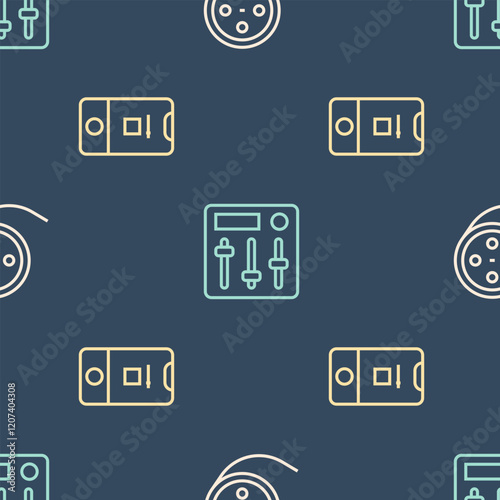 Set line Film reel, Photo and video shooting and Sound mixer controller on seamless pattern. Vector