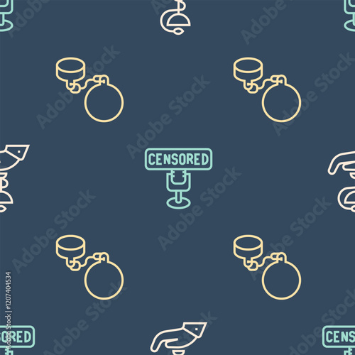 Set line Caduceus snake medical, Ball on chain and Censored stamp on seamless pattern. Vector