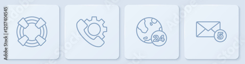 Set line Lifebuoy, Telephone 24 hours support, and New, email incoming message. White square button. Vector