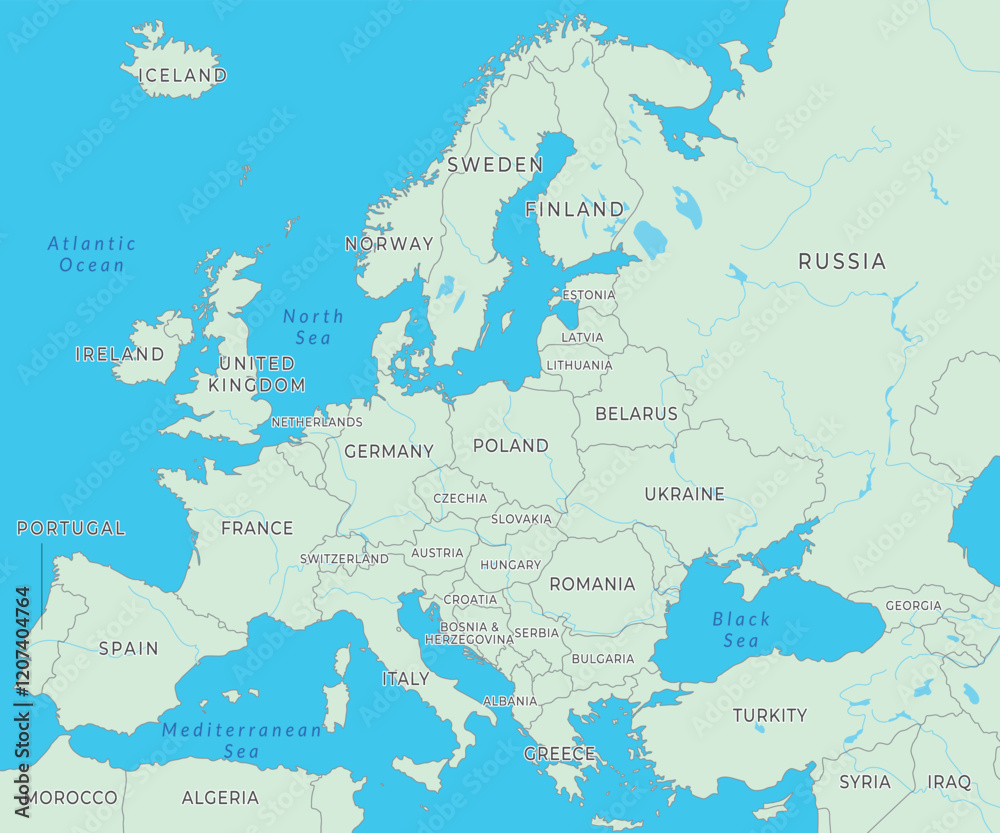 Obraz premium Europe map displaying countries, boundaries, and key landmarks across the continent
