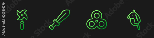 Set line Fidget spinner, Pinwheel toy, Sword and Toy horse. Gradient color icons. Vector
