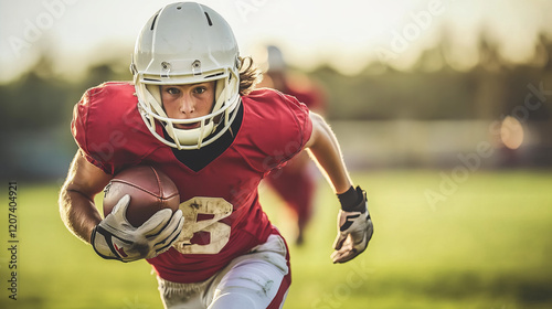 Young football player sprinting down the wing on a vibrant field with the ball in hand