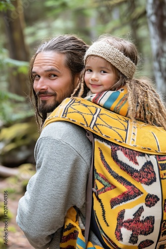 Indigenous Single Dad Carrying His Daughter in Nature with a Colorful Blanket on His Back photo