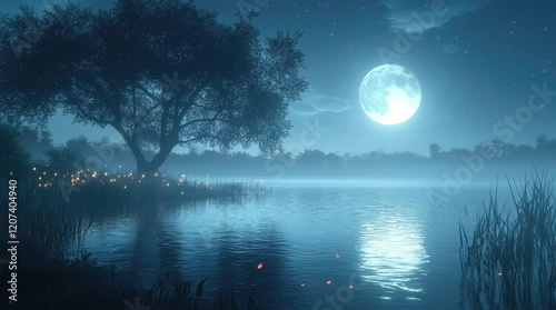 A serene night scene featuring a glowing moon over a misty lake, illuminated by fireflies. Seamless looping 4k video  background 
