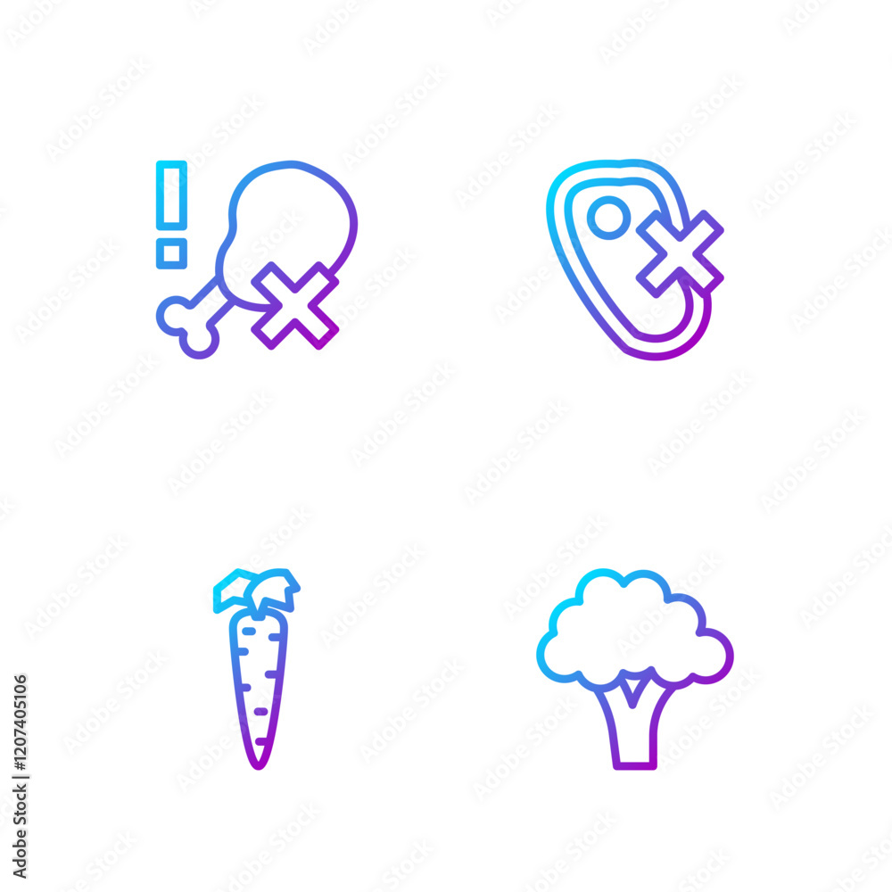 Set line Broccoli, Carrot, No chicken leg and meat. Gradient color icons. Vector Set line Broccoli, Carrot, No chicken leg and meat. Gradient color icons. Vector