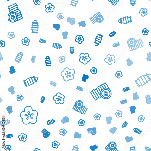 Set line Lotus flower, Chinese Yuan currency and paper lantern on seamless pattern. Vector