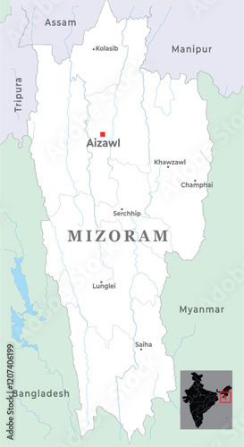 Mizoram district map with capital Aizawl, marked most important cities, state of India