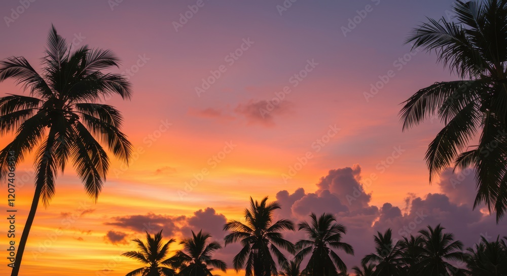 Majestic sunset with silhouetted palm trees and vibrant sky Majestic sunset with silhouetted palm trees and vibrant sky