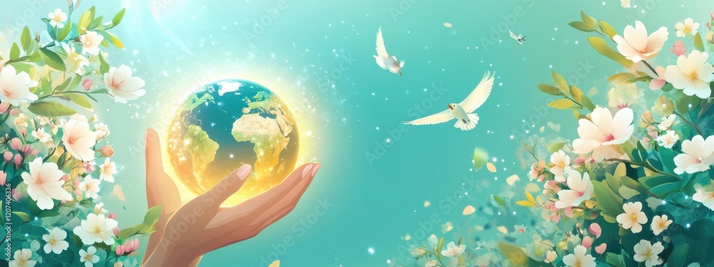 Glowing Earth Held in Hands Surrounded by Blossoming Flowers and Doves a Symbol of Peace and Environmental Care Glowing Earth Held in Hands Surrounded by Blossoming Flowers and Doves a Symbol of Peace and Environmental Care