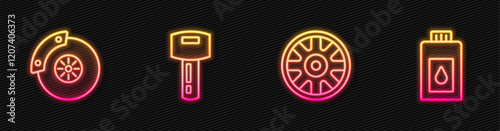 Set line Alloy wheel for car, Car brake disk with caliper, key remote and Canister motor machine oil. Glowing neon icon. Vector