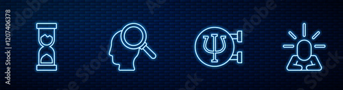 Set line Psychology, Psi, Old hourglass, Finding problem and Depression. Glowing neon icon on brick wall. Vector
