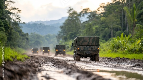 Military trucks navigate a muddy terrain in a lush jungle landscape, showcasing logistical challenges and the resilience of armed forces in remote operations.