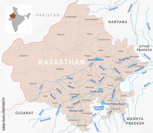 District map of Rajasthan, India, showcasing district boundaries along with the river network across the state